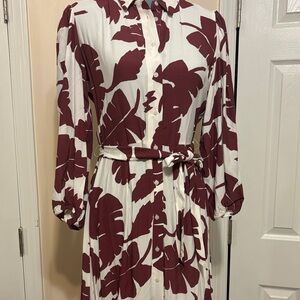 Zara Burgundy and White Leaf Print Long Sleeve Dress